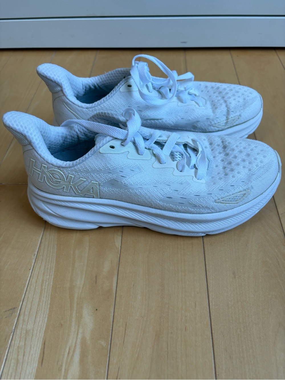 White Hoka Clifton 9 Women's Running Shoes